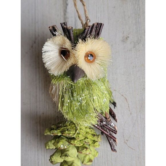 Unique mini Green Owl bristle brush ornament pine cone glitter Xmas - Picture 4 of 8